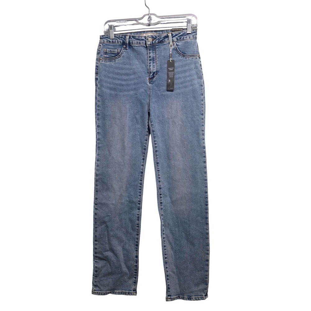Tractr Womens High Rise Slim Straight Embellished Jeans Blue Size 8 NEW